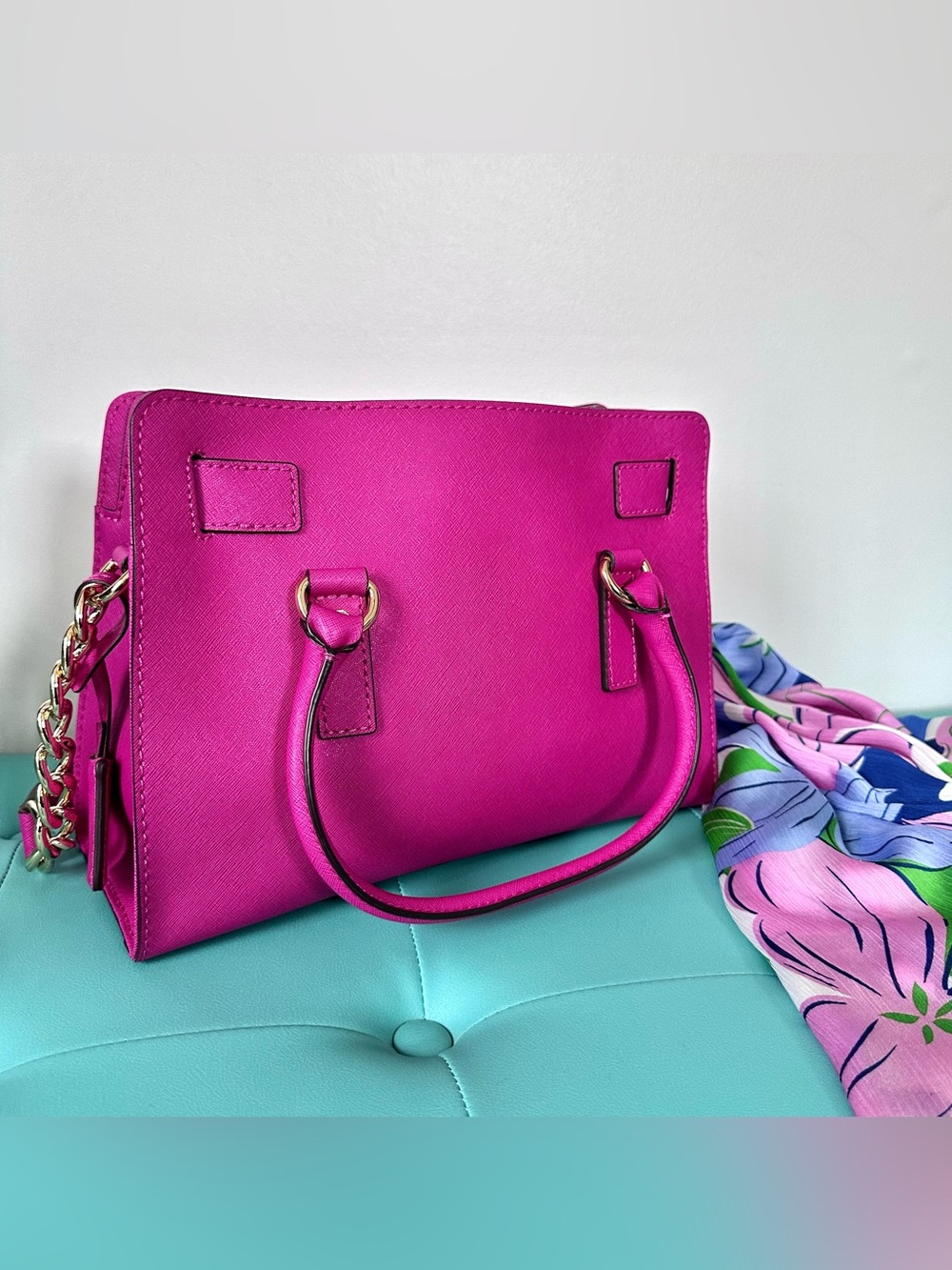 Vintage Hot Pink Michael Kors Hamilton Satchel Bag Gold Lock Charm Crossbody - Picture 6 of 11